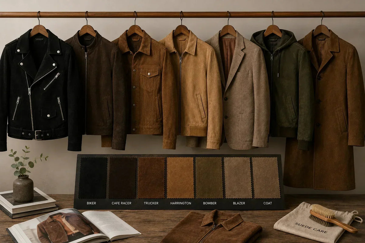 Chaquetas de ante negro, marrón, camel y verde oliva en un perchero