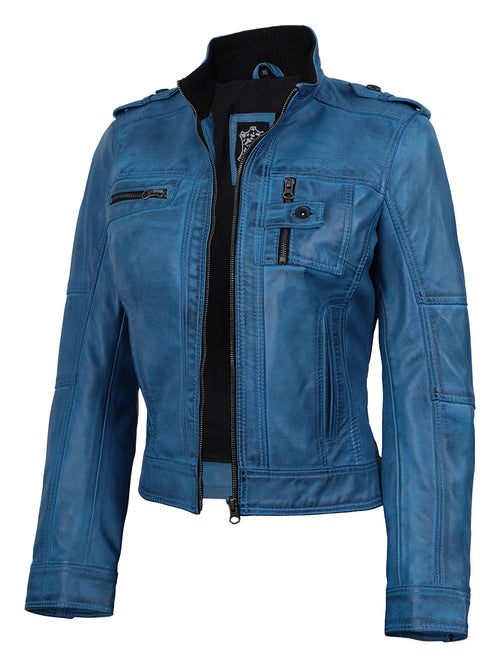 Tavares Vivid Azul estilo Biker Cazadora de Piel para Mujer