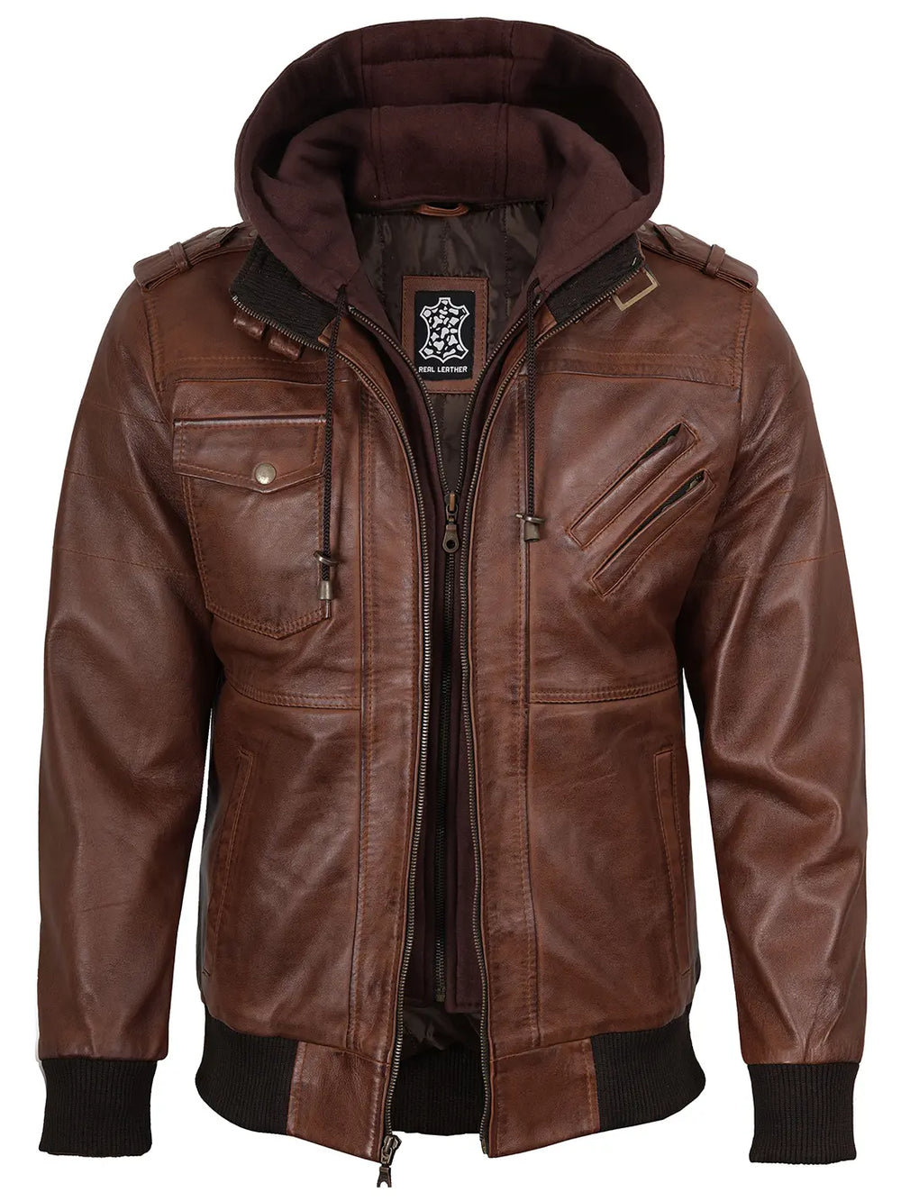 Brown Bomber Leather Jacket Mens With Removable Hood