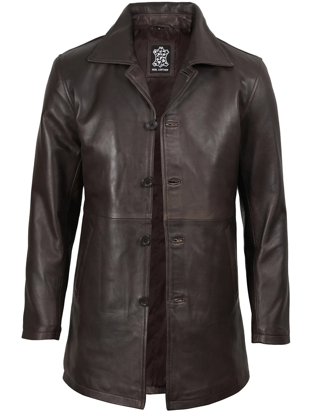 Dark Brown Leather Car Coat for Mens 