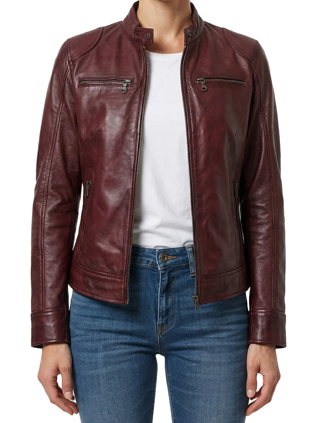 Cazadora Cafe Racer, burdeos para mujer