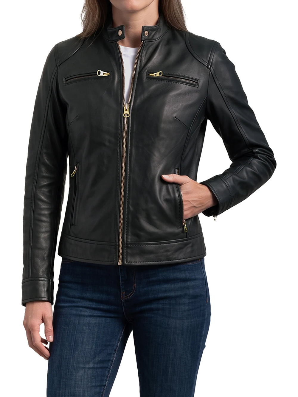 Dodge Women’s Black Real Leather Jacket with Golden Accents