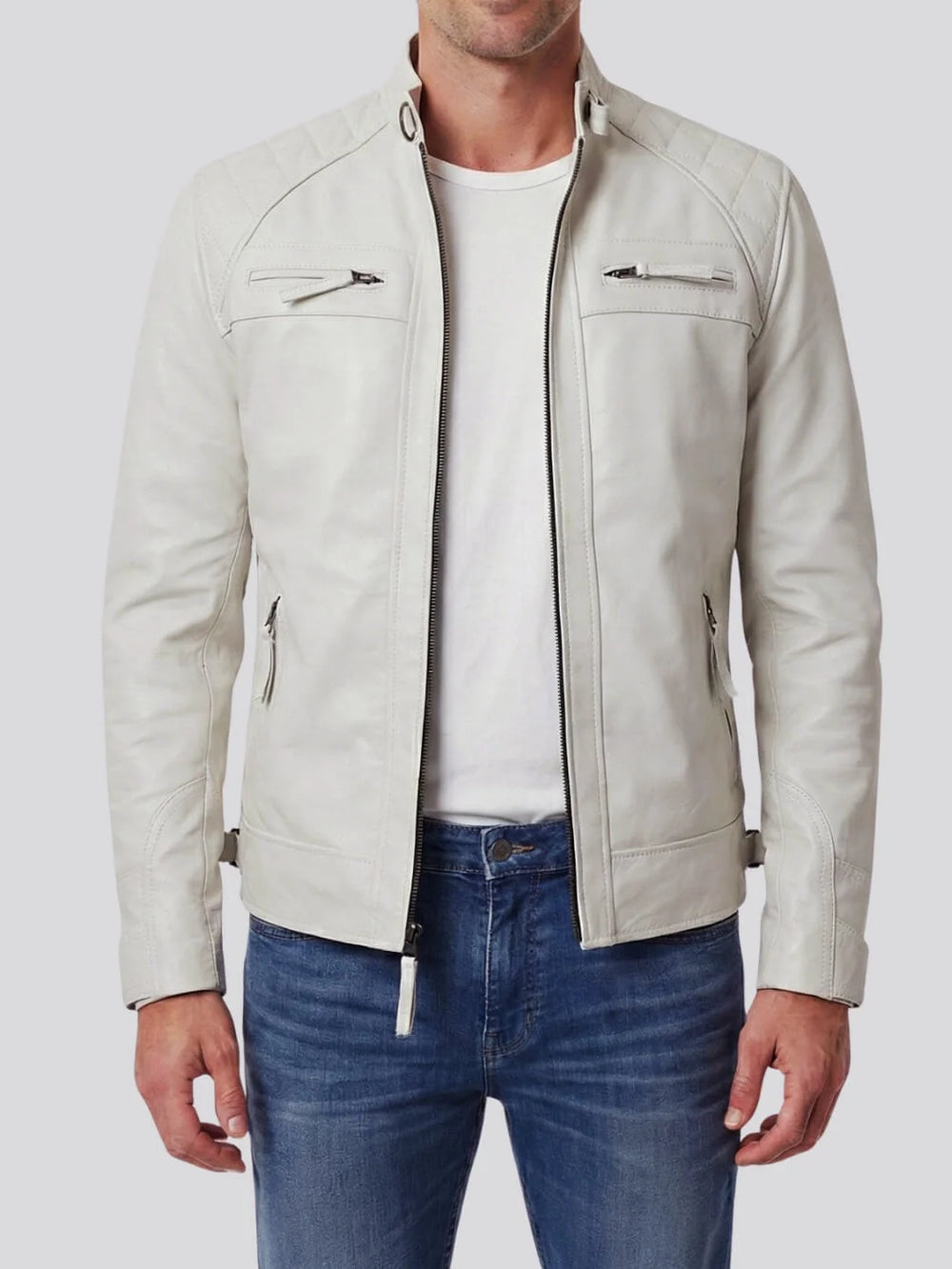 Johnson Men's Off-White Quilted Cafe Racer Leather Jacket - Front