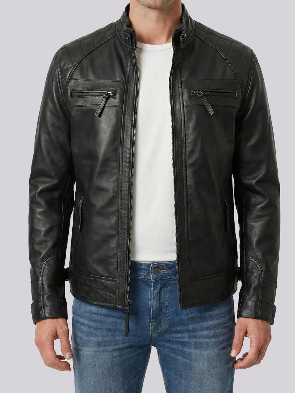Johnson Mens Quilted Biker Style Black Leather Jacket - front