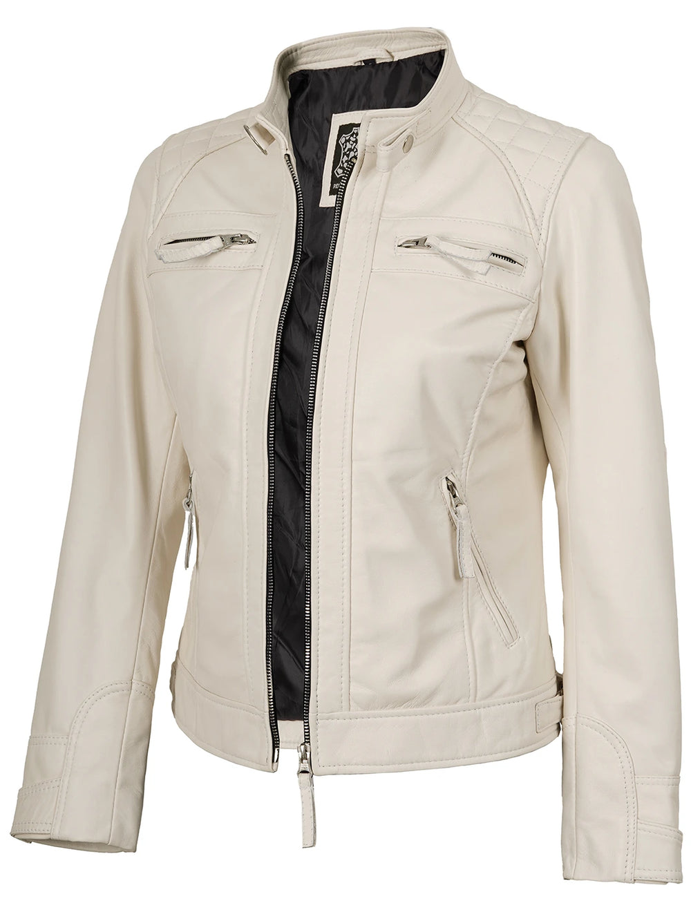 Johnson Women Quilted Off White Cafe Racer Leather Jacket