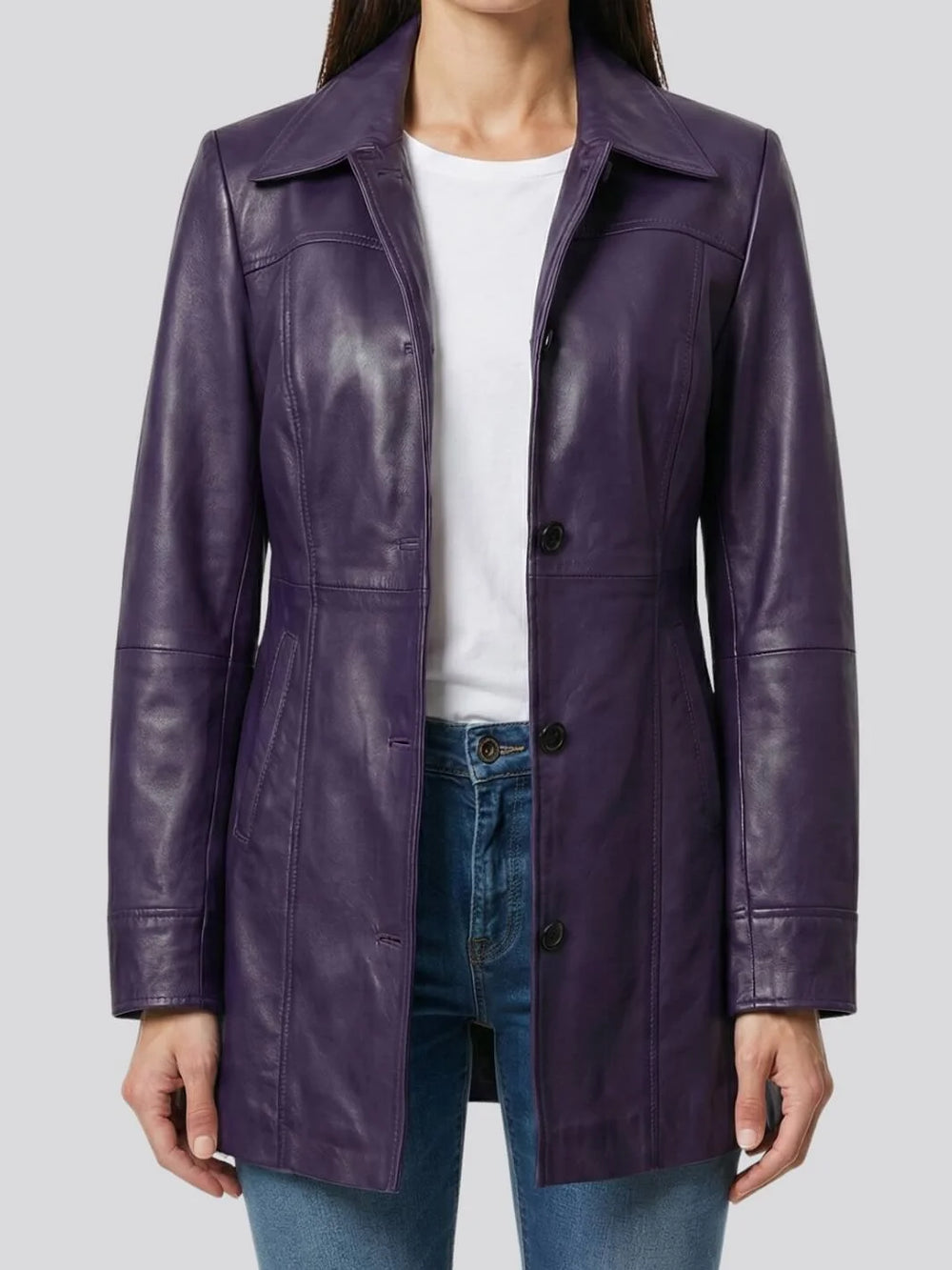 Purple leather coat worn by a person on a light gray background