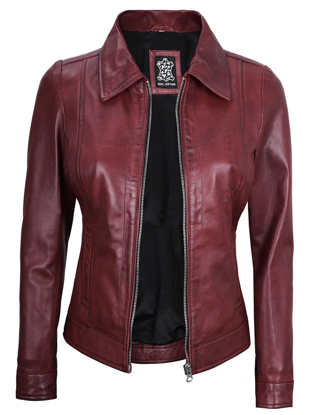 Chaqueta Harrington de piel, burdeos para mujer