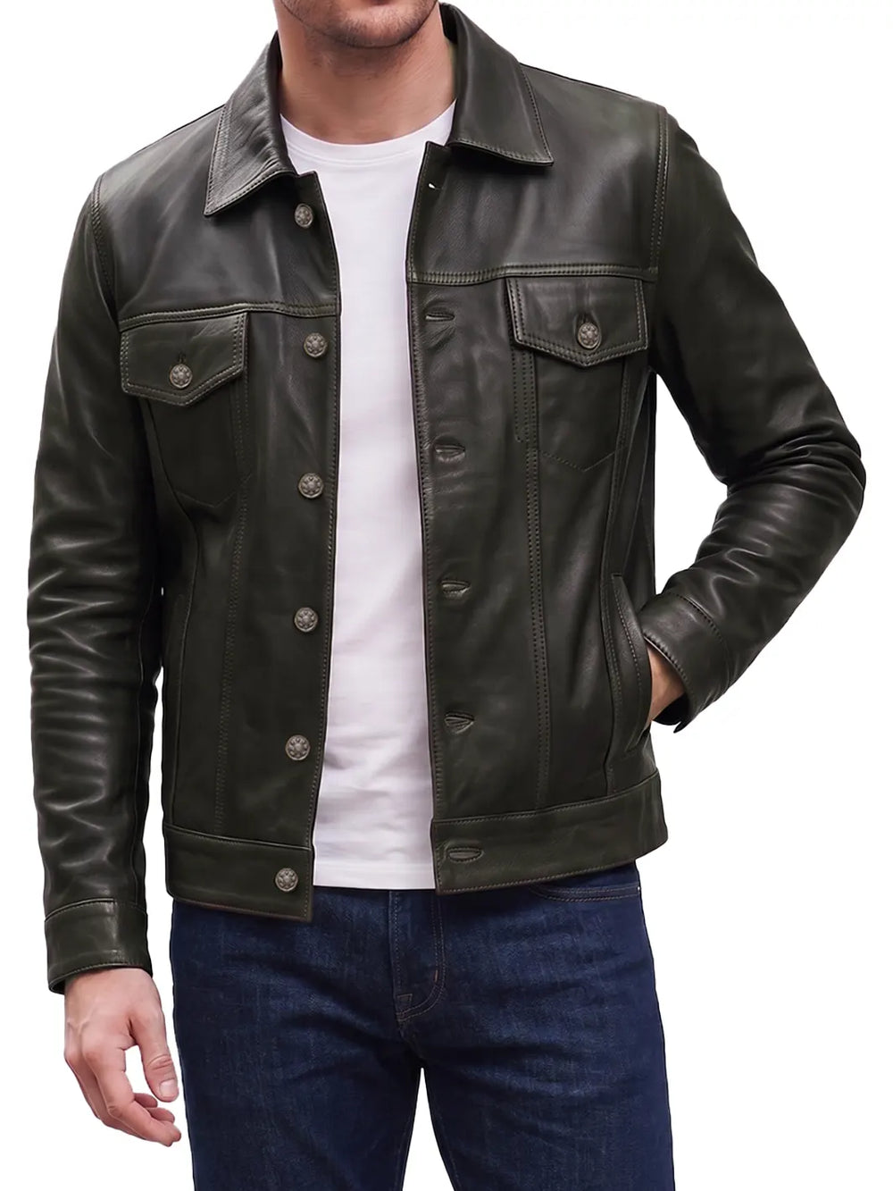 Fernando para Hombre Marrón Oscuro Cazadora Trucker de Piel | Shirt Collar