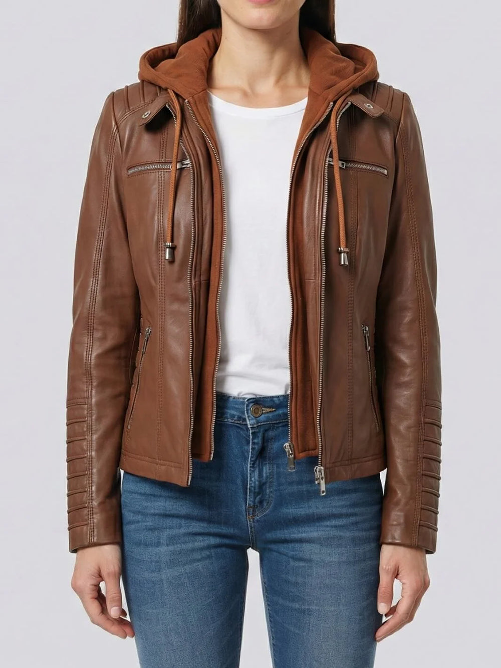 Brown leather jacket with a hood worn by a person on a white background