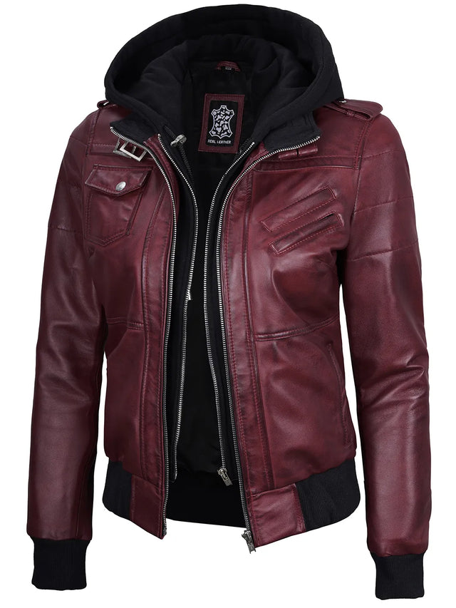 Chaqueta de piel con capucha extraíble, burdeos para mujer