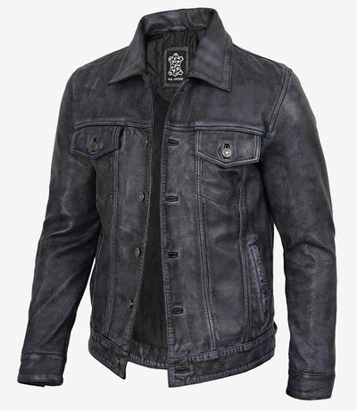 Negro Envejecida Piel Genuina Chaqueta Trucker para Hombre
