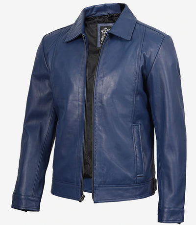 Azul Genuina de Piel Cazadora Harrington de Piel para Hombre