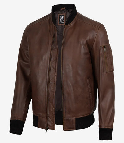 Marrón Cognac de Piel de Cordero de Piel Bomber de Piel con Wax Finish para Hombre