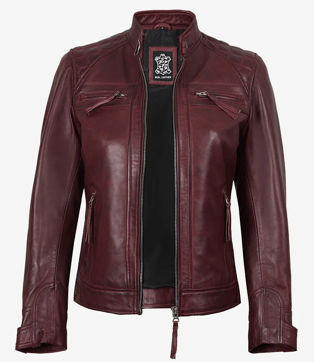 Cazadora Cafe Racer acolchada, burdeos para mujer